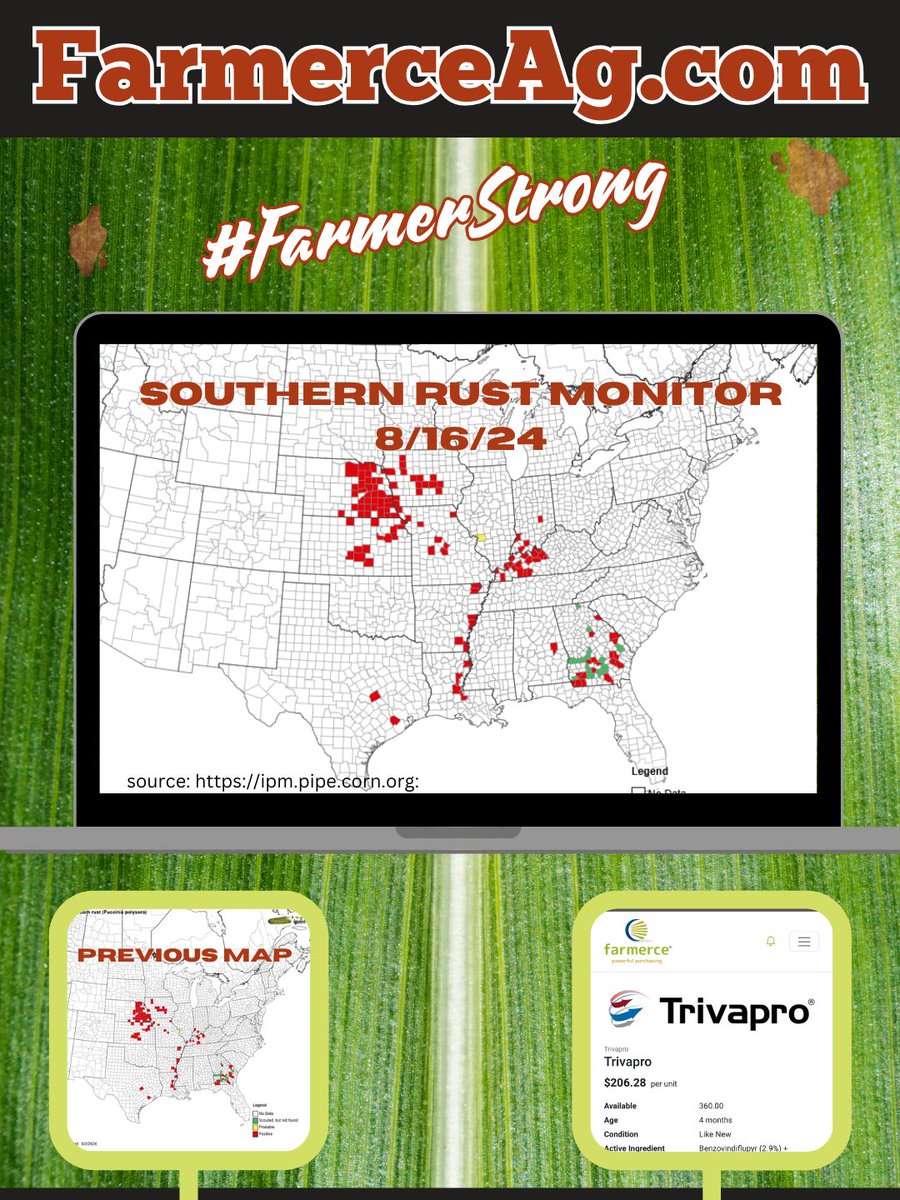 FarmerceAg's tweet photo. 🦠 Southern Rust Monitor Continues 🦠
#Agtwitter #AgX #SouthernRust #FarmerStrong https://t.co/OaphPwpIzc