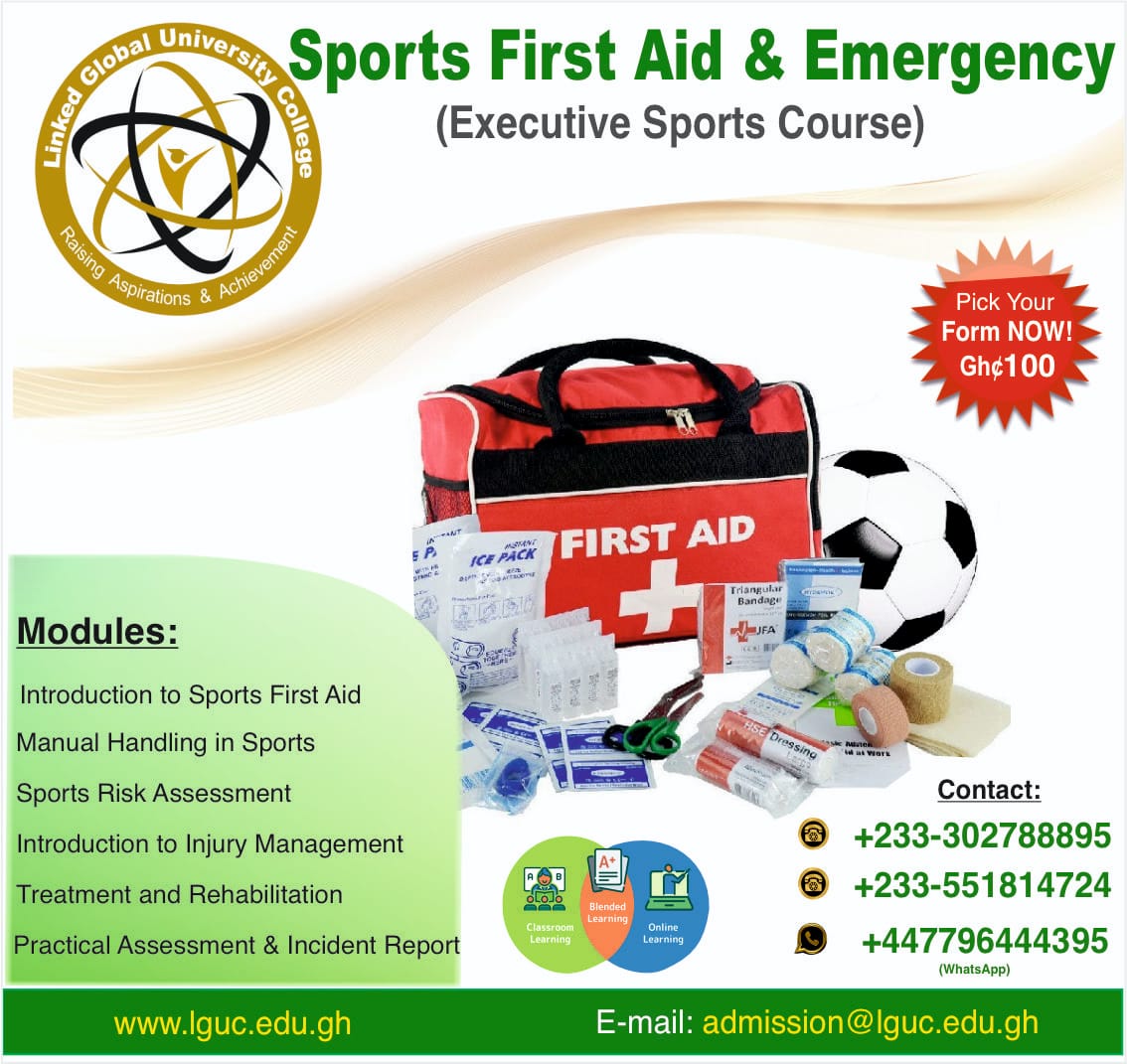 smartbridgeedu's tweet photo. 📝SPORTS FIRST AID &amp; EMERGENCY COURSE ✍🏻
Click 🌐https://t.co/HYoJVQB83b
📲 +233-551814724 / +44 7796 444395. Purchase your application FORM Now❗
💼 ⏰ Mon. to Fri.- 8:30am to 5pm https://t.co/7kdXIQipNM