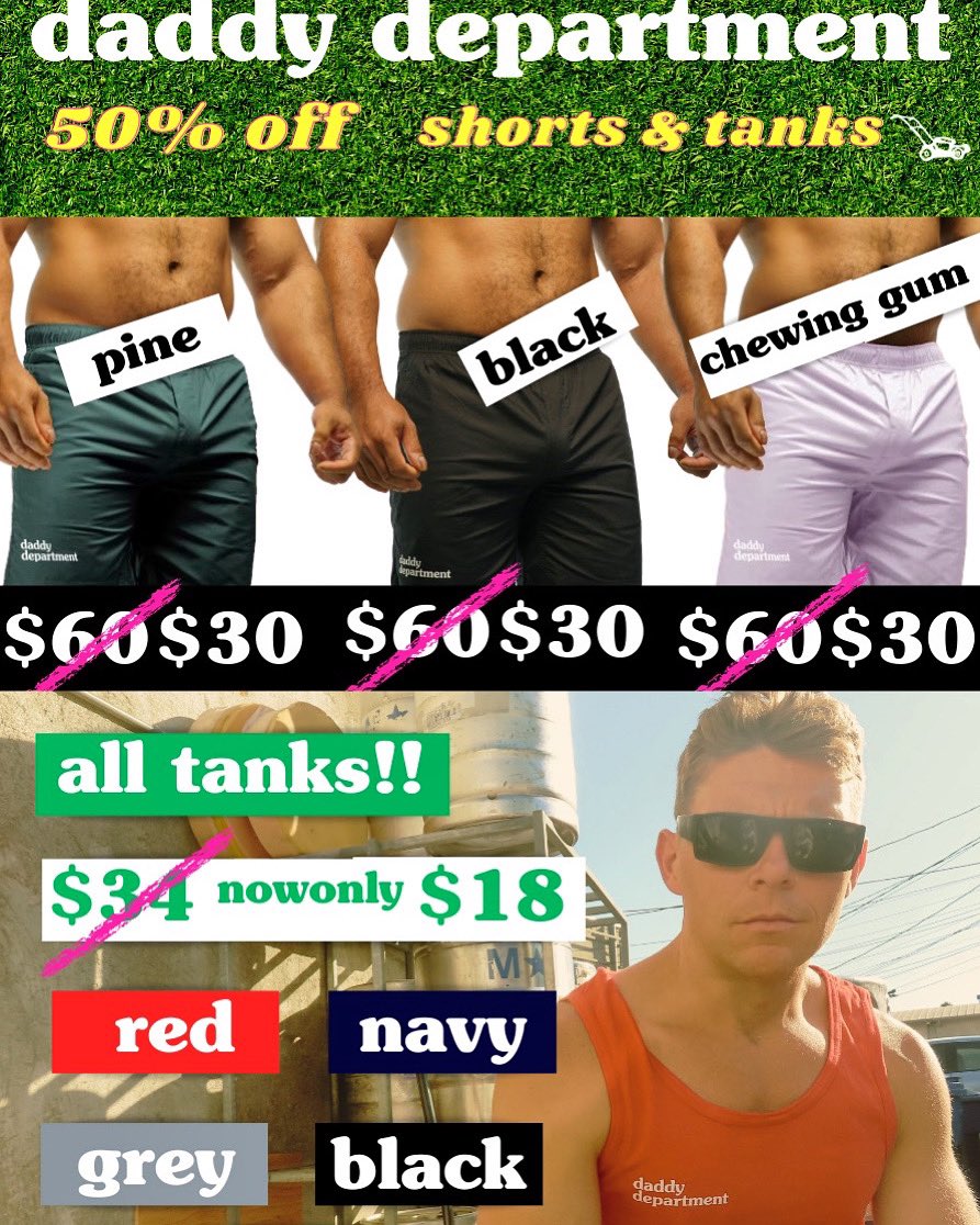 DaddyDepartment's tweet image. Big sale through Sunday on shorts and tanks!
daddydepartment.com