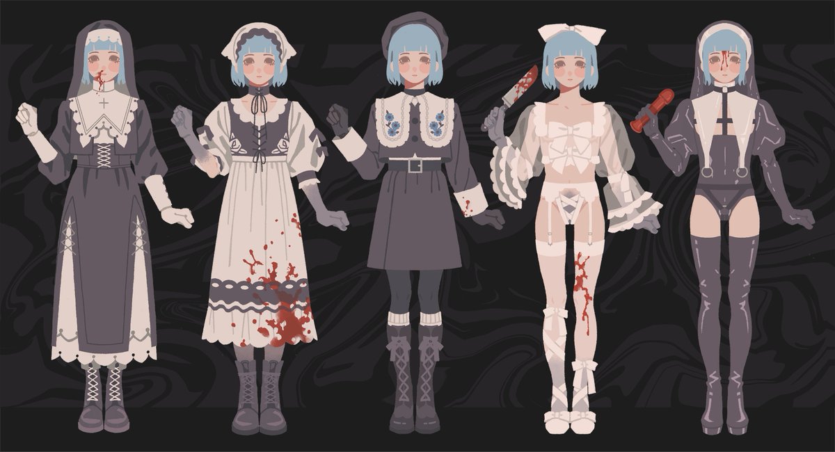 knightofbunnies's tweet photo. wardrobe design for the mc of my guro project 🩸 https://t.co/hatHCqNtU4