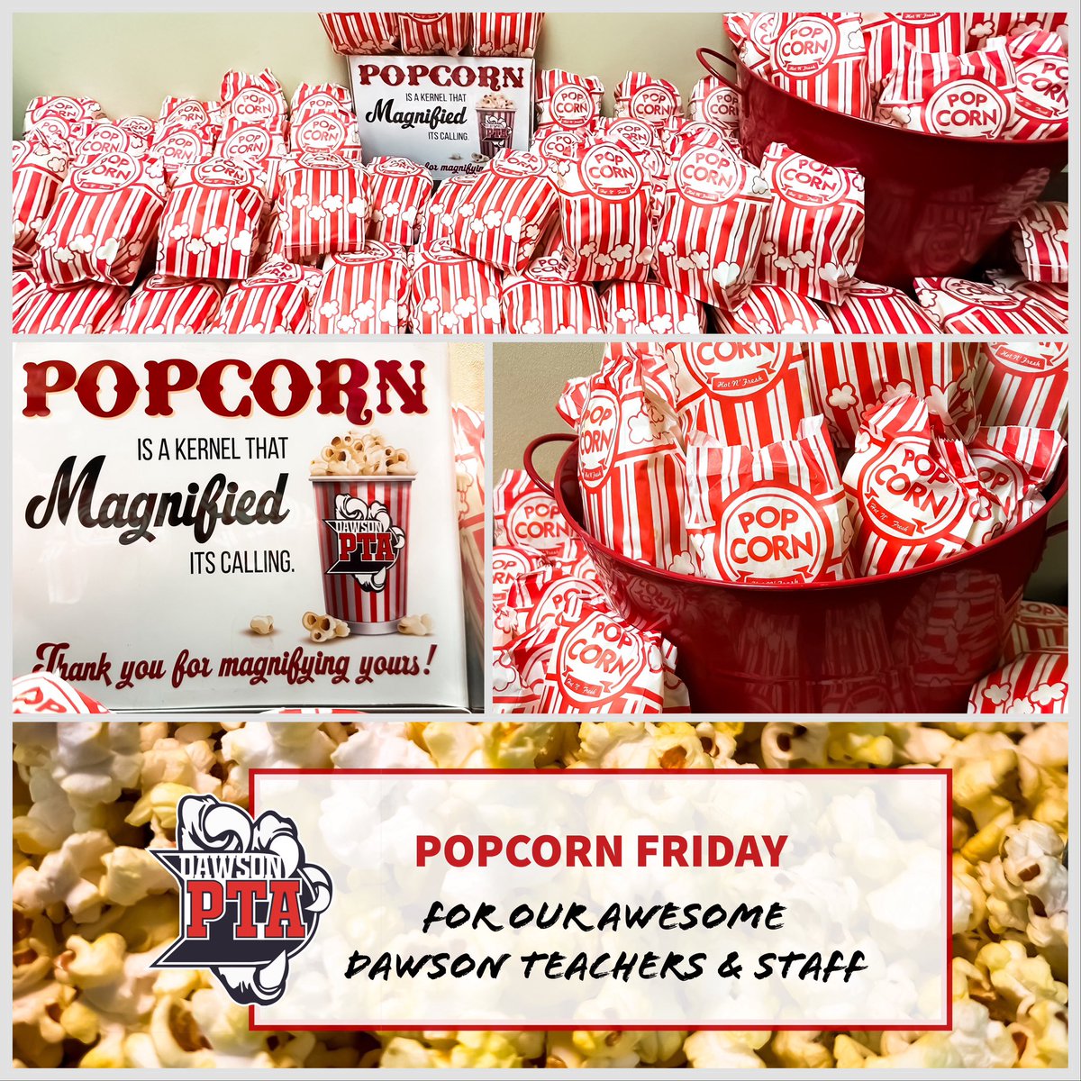 dawson_pta's tweet photo. Between drills today, your Dawson PTA popped in to pop up a whole lotta popcorn for our awesome @DawsonHighSchl teachers and staff for the first POPCORN FRIDAY of the year! Cheers to wrapping up the first week of school! 🍿 https://t.co/8Y1M4WxWHN