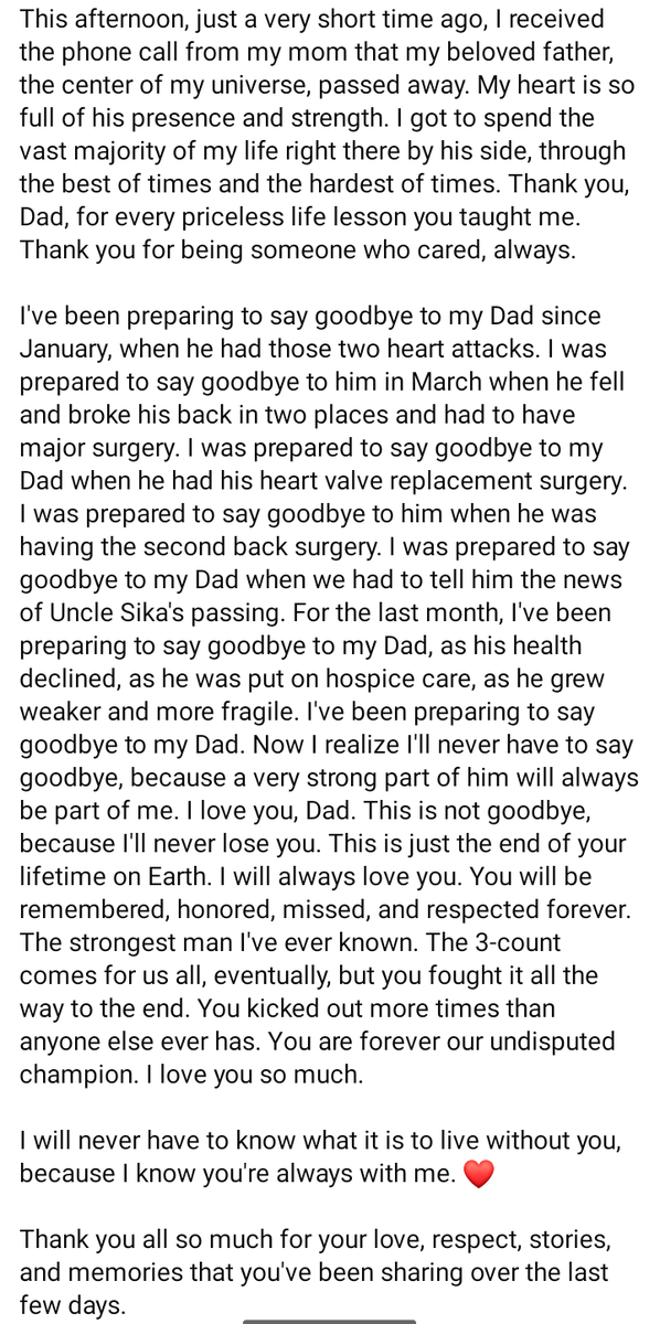 ValeAnoai's tweet image. Today, all of our lives are irreparably changed. I love you so much, Dad. More than any words could ever express. Your strength was absolutely superhuman. You fought all the way to the end, and the end was peaceful. That's all I could have hoped for. I love you so very much.