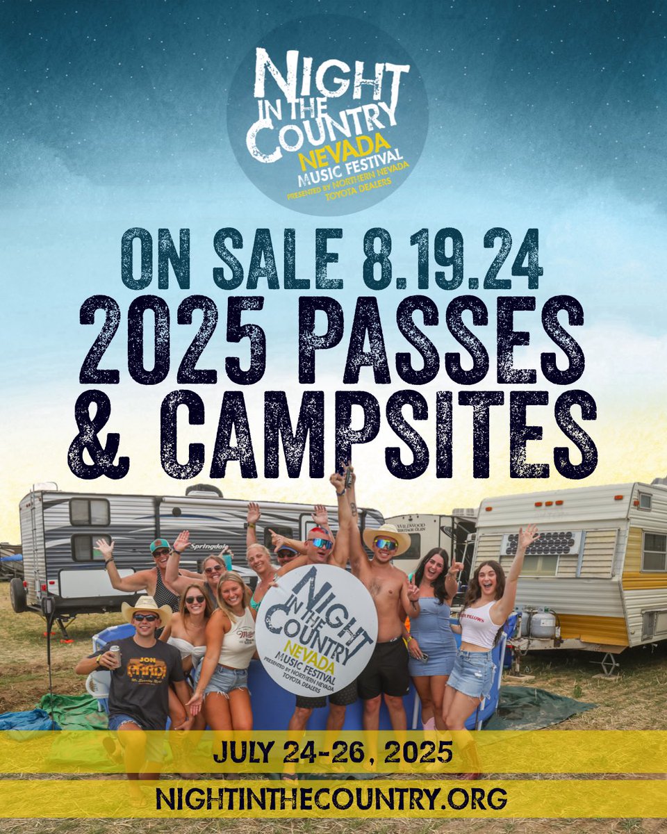 Passes and campsites for Night in the Country 2025 go on sale Monday, August 19th at 8am. 🎫🚐 Want to get into Club 149? Better get up early. They’re almost gone! Get all the details at nightinthecountry.org and set those alarms now! ⏰ #NITCNV