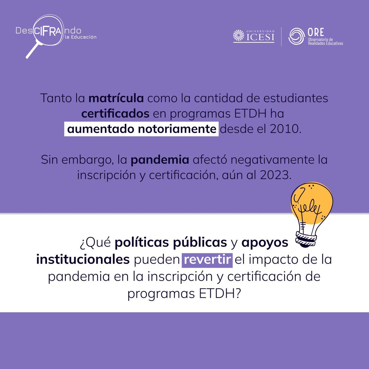 Hoy en #DeCIFRAndoLaEducación, analizamos la información de matrícula y certificación del SIET por departamento y área de desempeño. Tanto la matrícula y certificación aumentaron en los últimos años, pero estos indicadores no han regresado a sus valores previos a la pandemia.