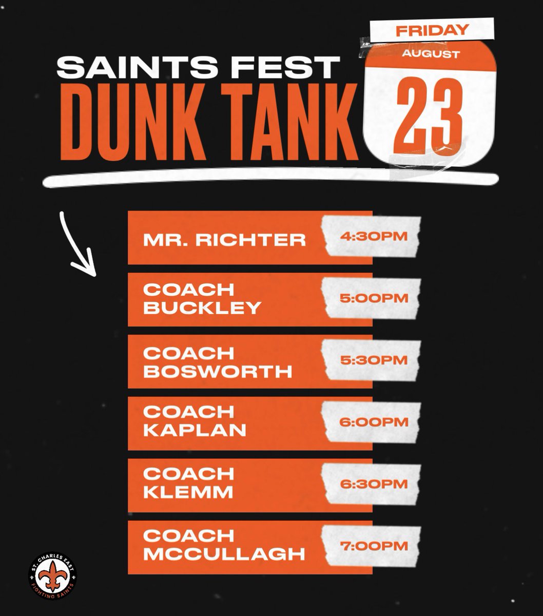 Come DUNK these SAINTS!

Saints Fest is one week from today! The baseball program will be running the dunk tank and letting YOU dunk these Saints! 

Come out, support the <a href="/STCEBoosters/">STCE Athletic Booster</a>, enjoy the games, food and festivities to help kick off the school year! #SaintsPride⚜️