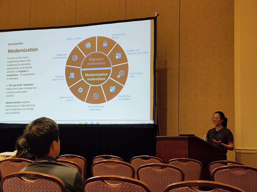 blgorman's tweet photo. Thank you @jiachenjiang_ for the great overview of modernization and the options available at Azure, along with the pros/cons of the different choices! #devup2024 #devupconf https://t.co/g6A9QoT9k3