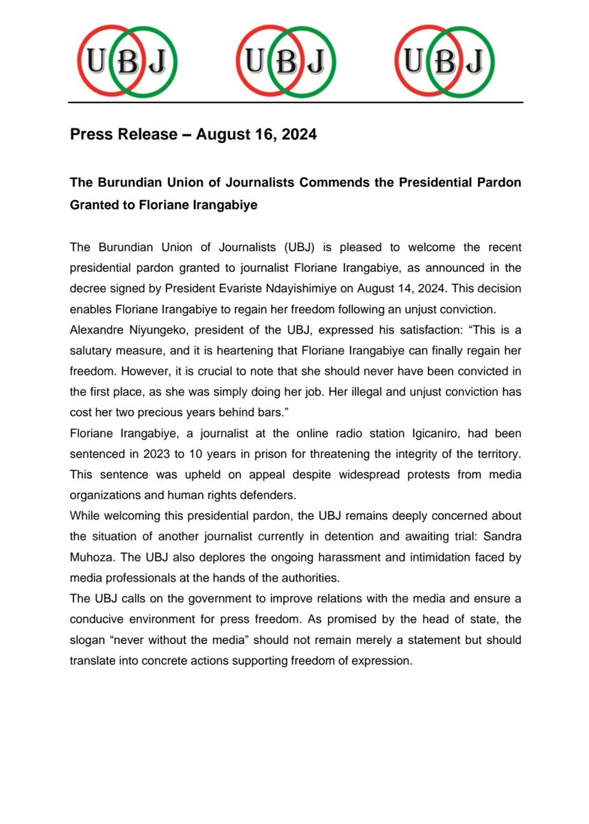 The #Burundi-an Union of Journalists (<a href="/UBJ_Burundi/">UBJ</a>) is pleased to welcome the recent presidential pardon granted to journalist Floriane Irangabiye, as announced in the decree signed by President Evariste Ndayishimiye on August 14, 2024. <a href="/IFJGlobal/">IFJ</a> @freepressunltd <a href="/UNHumanRights/">UN Human Rights</a>