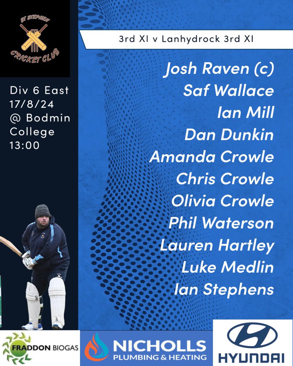 Teams for tomorrow’s fixtures 1st XI face <a href="/PencarrowArrows/">PencarrowCC</a> 2nd XI face <a href="/StAustellCC/">St Austell CC</a> 4th XI 3rd XI face <a href="/LanhydrockCC/">Lanhydrock CC</a> 3rd XI

Thank you to the 2nd XI match ball sponsor James Bendrey Accountants Ltd

<a href="/swsportsnews/">South West Sports News</a>