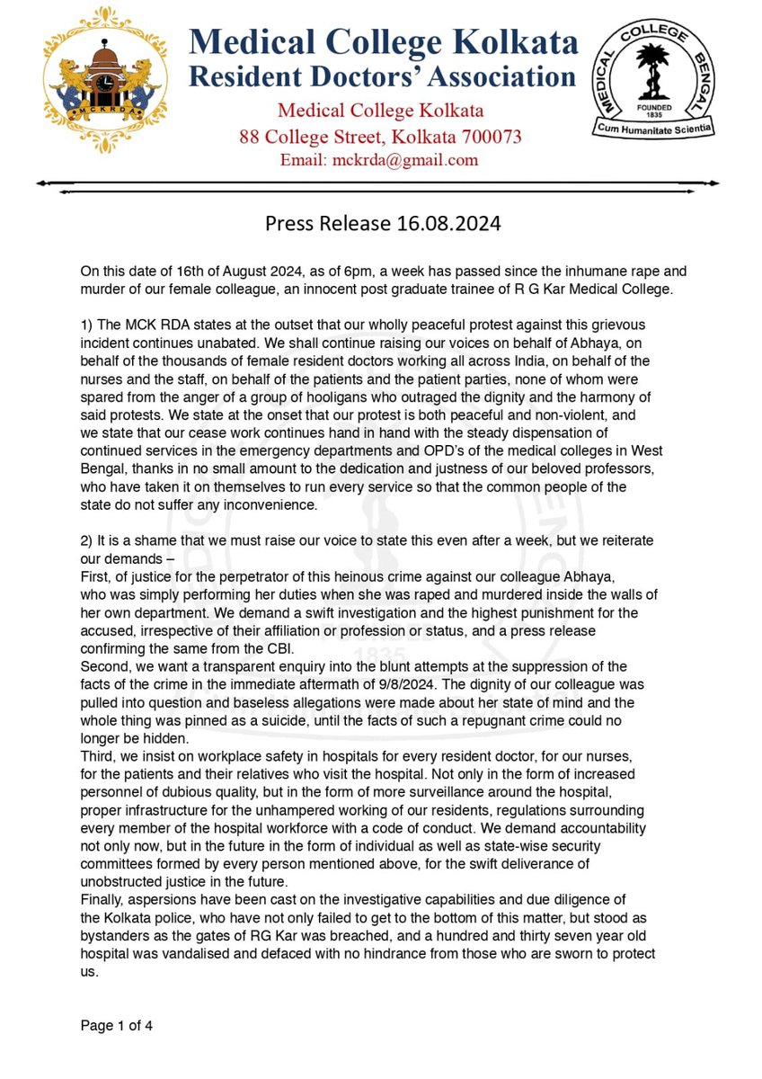 mckrda's tweet photo. @mckrda Press release 16.08.2024

@mckrda এর প্রেস বিজ্ঞপ্তি ১৬.০৮.২০২৪

#WeWantJustice #JusticeForDoctor #BENGAL_HORROR #RGKarHospital 

@FordaIndia @IMAIndiaOrg @FAIMA_INDIA_ @UDAIndia @AIIMSRDA @MoHFW_INDIA @PMOIndia https://t.co/Ly2jmTI2EA