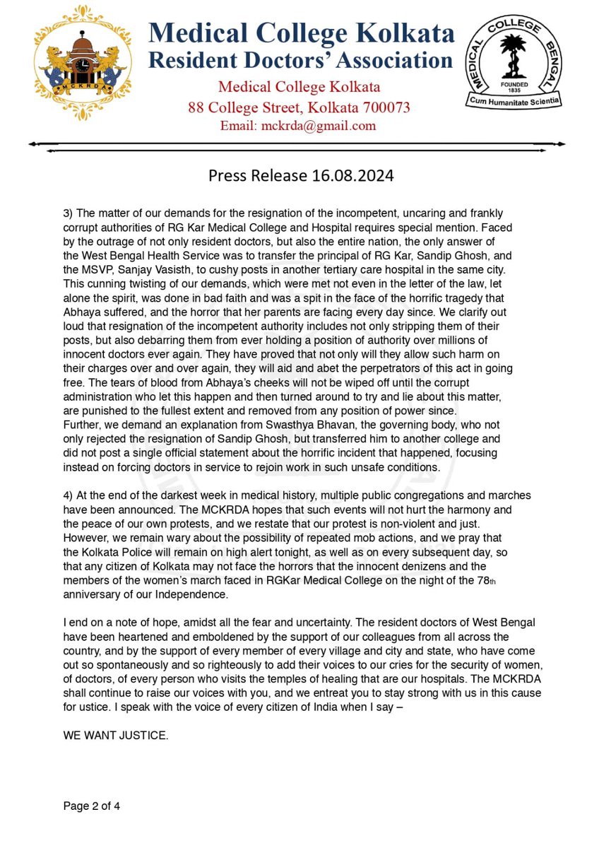 mckrda's tweet photo. @mckrda Press release 16.08.2024

@mckrda এর প্রেস বিজ্ঞপ্তি ১৬.০৮.২০২৪

#WeWantJustice #JusticeForDoctor #BENGAL_HORROR #RGKarHospital 

@FordaIndia @IMAIndiaOrg @FAIMA_INDIA_ @UDAIndia @AIIMSRDA @MoHFW_INDIA @PMOIndia https://t.co/Ly2jmTI2EA