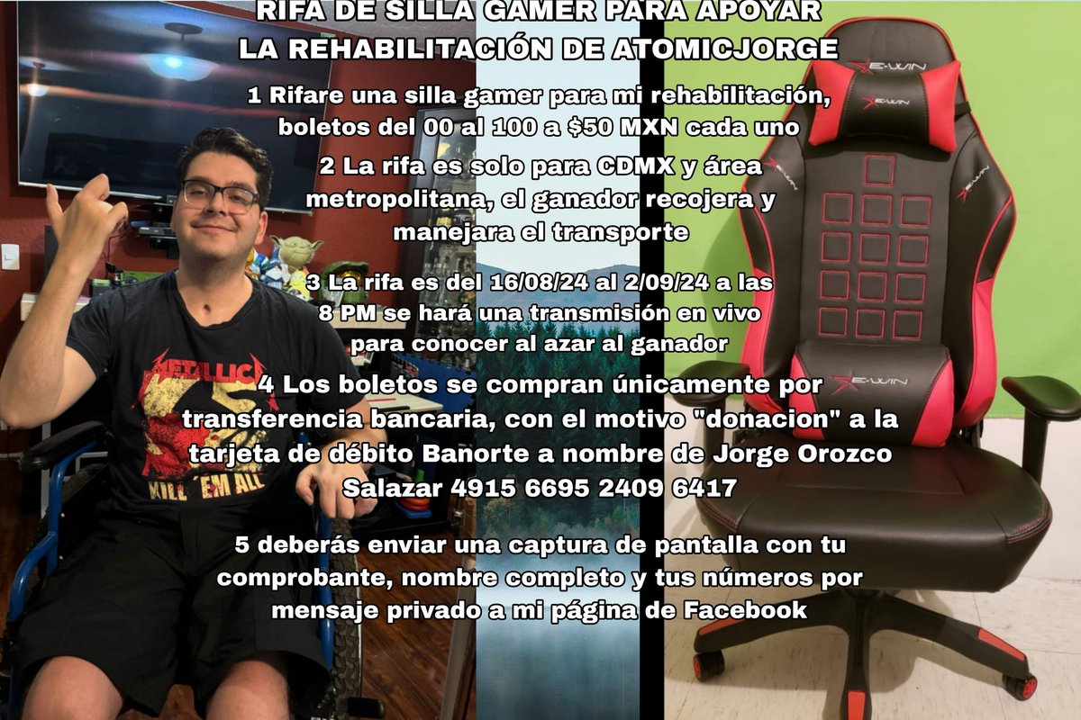 atomicjorge's tweet photo. RIFA #2 SILLA GAMER Hoy traigo la segunda rifa para apoyar mi rehabilitación, el ganador se dará a conocer el Lunes 2 de Septiembre a las 8 PM en un stream aquí en Facebook se realizará en vivo y al azar, todas las demás instrucciones están en la imagen, gracias y suerte. https://t.co/VokKKBzraa