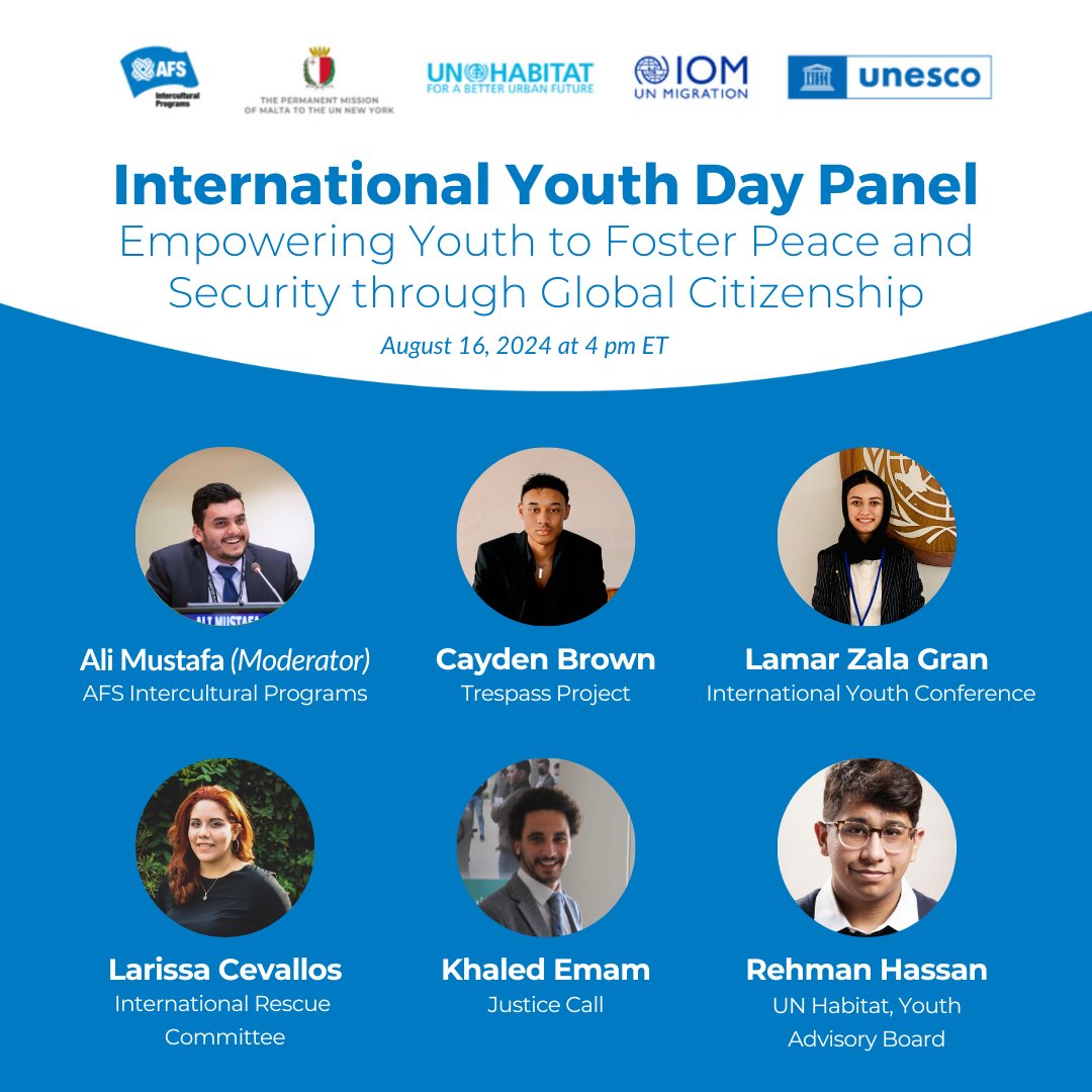 Join us in celebrating International Youth Day, to explore the theme of “Empowering Youth to Foster Peace and Security through Global Citizenship.” The event is co-organized with <a href="/MaltaUNMission/">Malta at the UN 🇲🇹🇺🇳</a> and <a href="/UNmigration/">IOM - UN Migration 🇺🇳</a>  <a href="/UNHABITAT/">UN-Habitat</a>  <a href="/UNESCO/">UNESCO 🏛️ #Education #Sciences #Culture 🇺🇳</a>

afs.org/celebrate-inte…

#AFSeffect #Youth