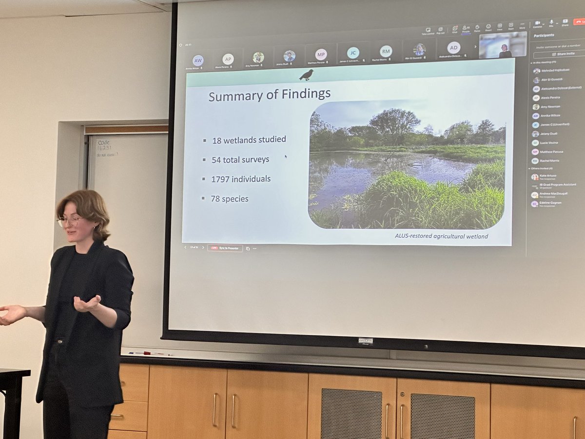 Congrats to Annika Wilcox for her successful MSc defence on wetland birds in restored agricultural wetlands, in collaboration with ALUS Canada <a href="/ALUS_Solutions/">ALUS</a> 76 bird species colonized these areas that were once corn fields, including 8 at-risk species