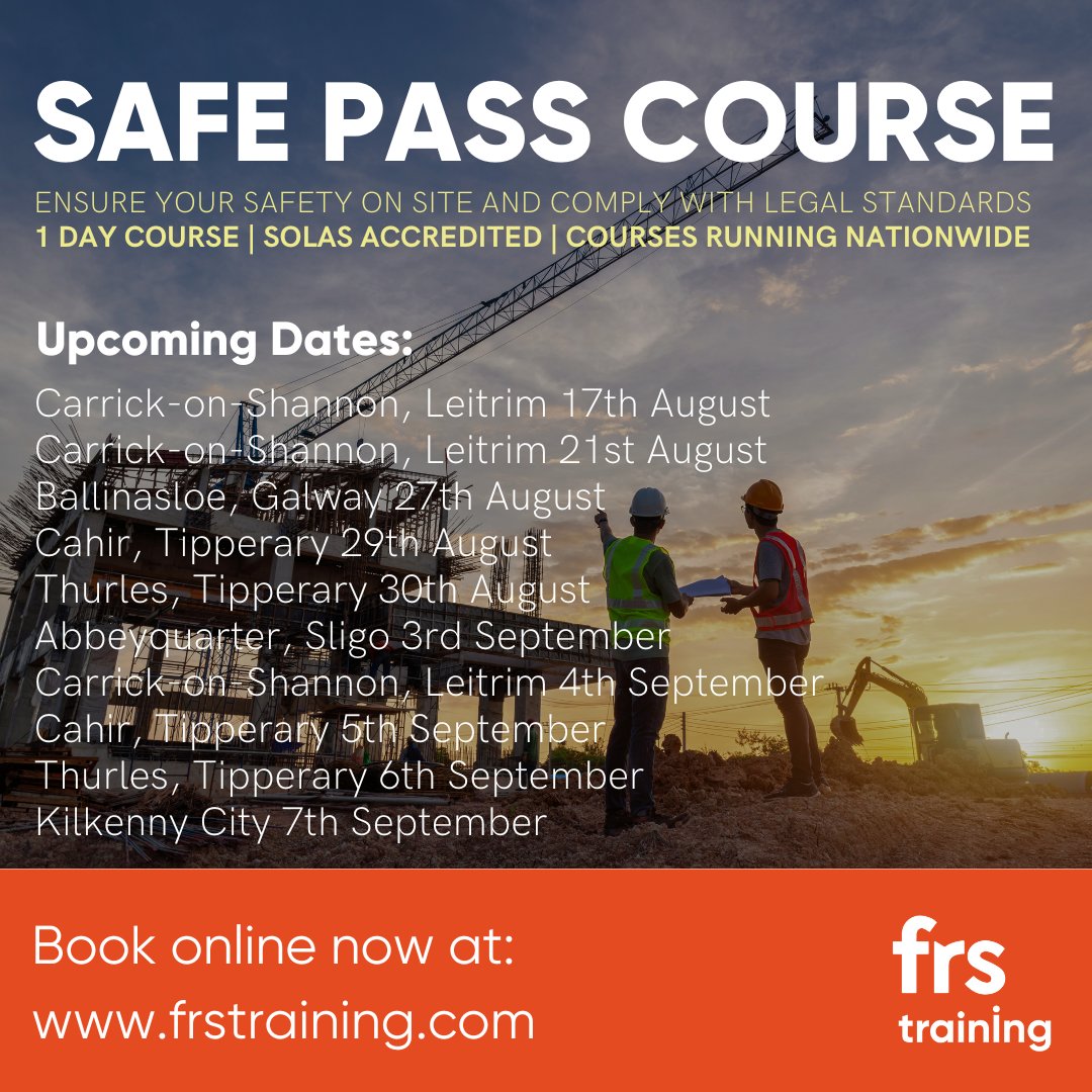 FRSTraining's tweet photo. Lots of upcoming Safe Pass courses across the country 👷‍♂️ Individual and group bookings available.

For more information or to book your place visit: https://t.co/QaQ2uTLSNz

#SafePass #Construction #SiteSafety #ConstructionSafety #HealthandSafety #FRStraining https://t.co/HGnBltWkV2
