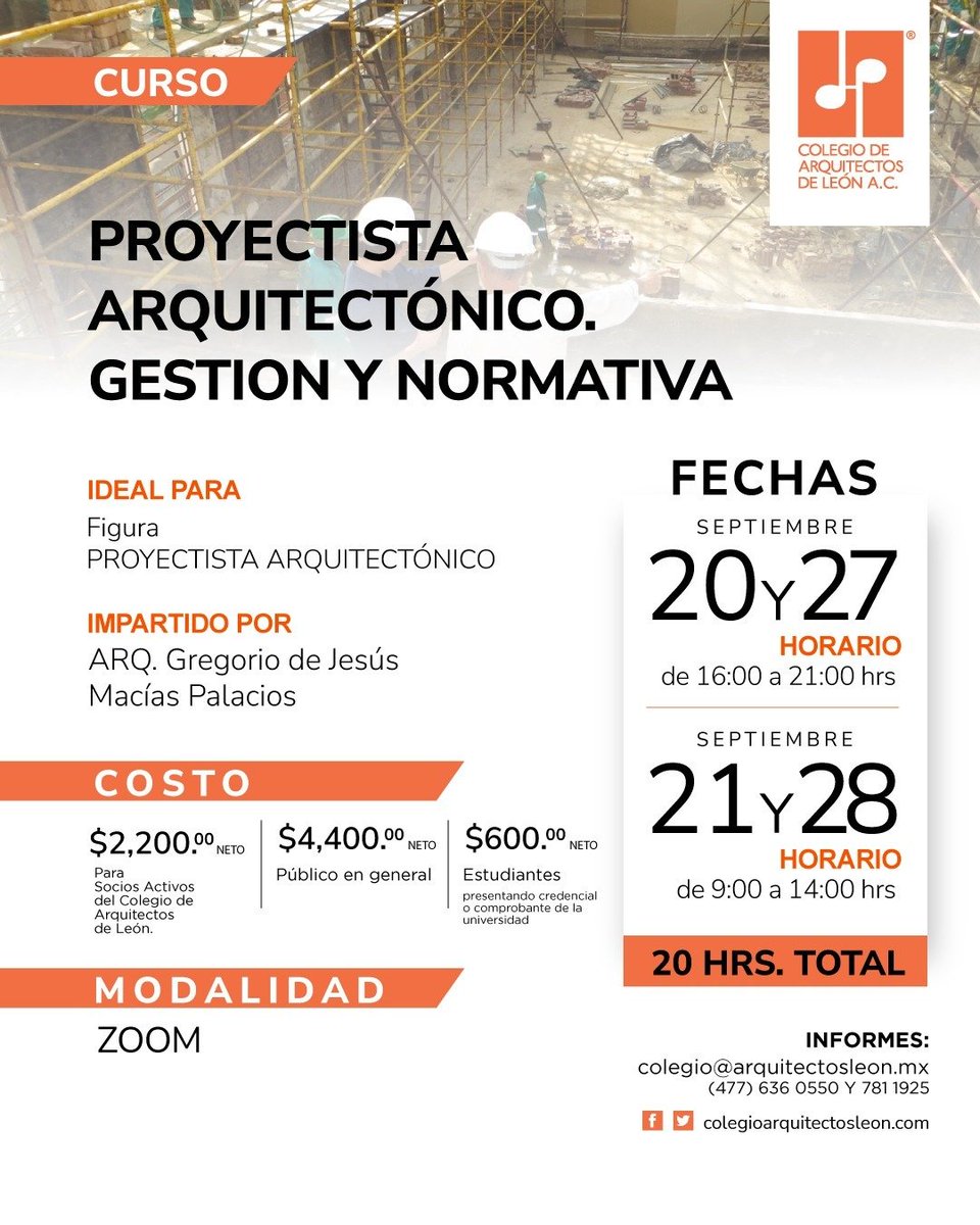 ¿Eres proyectista arquitectónico y quieres llevar tus habilidades al siguiente nivel? No te pierdas nuestro próximo curso de Proyectista Arquitectónico: Gestión y Normativa, impartido por el Arq. Gregorio de Jesús Macías Palacios.

Modalidad: Vía Zoom