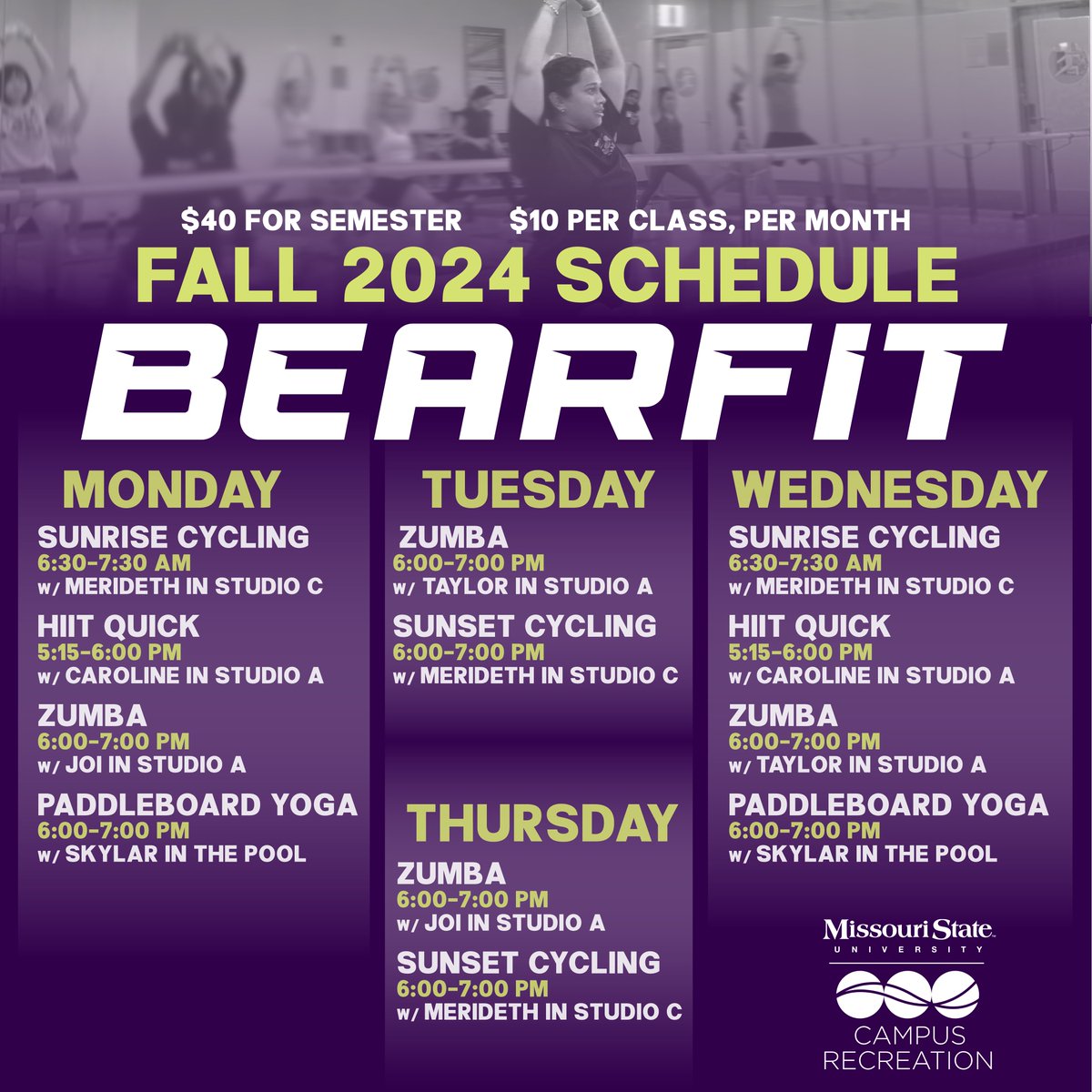 _MSUCampusRec's tweet image. Its FREE BearFit week starting August 19! Come try out all our classes for FREE!
Paddleboard Yoga, Sunrise &amp;amp; Sunset Cycling, Zumba, and HIIT! Start off the semester with the very best at getting active!