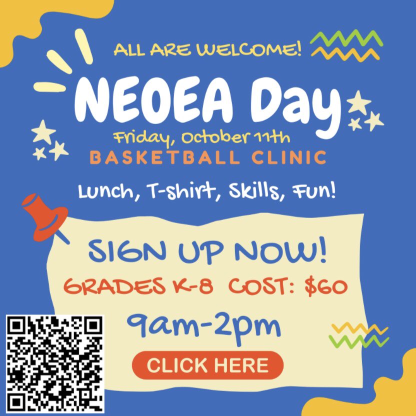 Registration for our NEOEA Day clinic is OPEN! Girls &amp; Boys Grades K-8 are welcome! Lunch will be provided!

T-Shirt deadline is September 30th. Walk-Ins are welcome but no shirt will be provided. 

Scan the code or Click on the link to register: tinyurl.com/5en72d64
