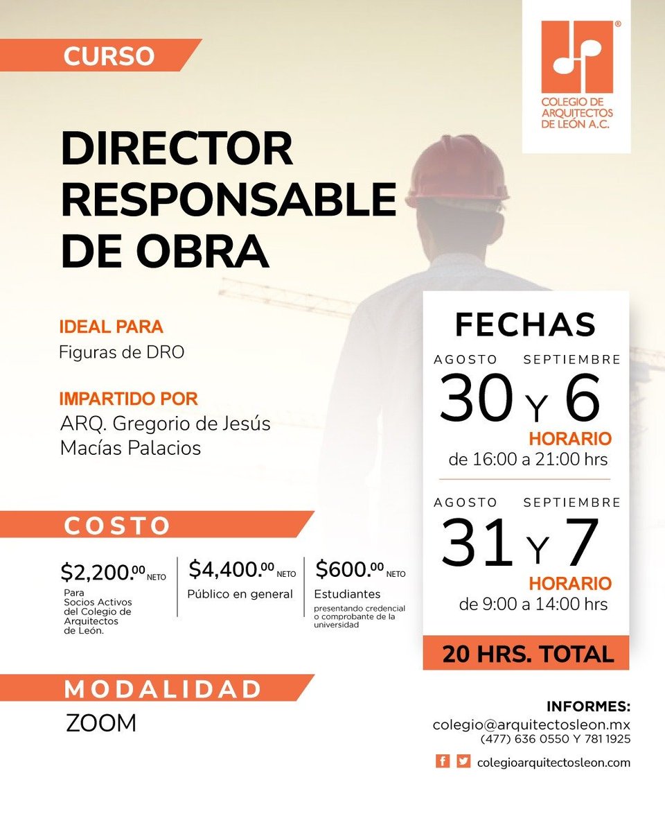 ¿Eres Director Responsable de Obra o quieres erlo? Este curso es para ti, impartido por el Arq. Gregorio de Jesús Macías Palacios.

No te lo puedes perder.
Modalidad: ZOOM