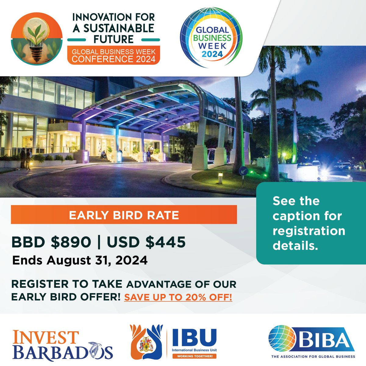 BIBA's Global Business Week is almost here! 
Don’t miss out on Early Bird Registration for the Global Business Conference! Secure your spot by August 31. 
Click here to register: bit.ly/BIBAGBW2024

#GBW2024 #GlobalBusinessWeek #Barbados #BusinessBarbados