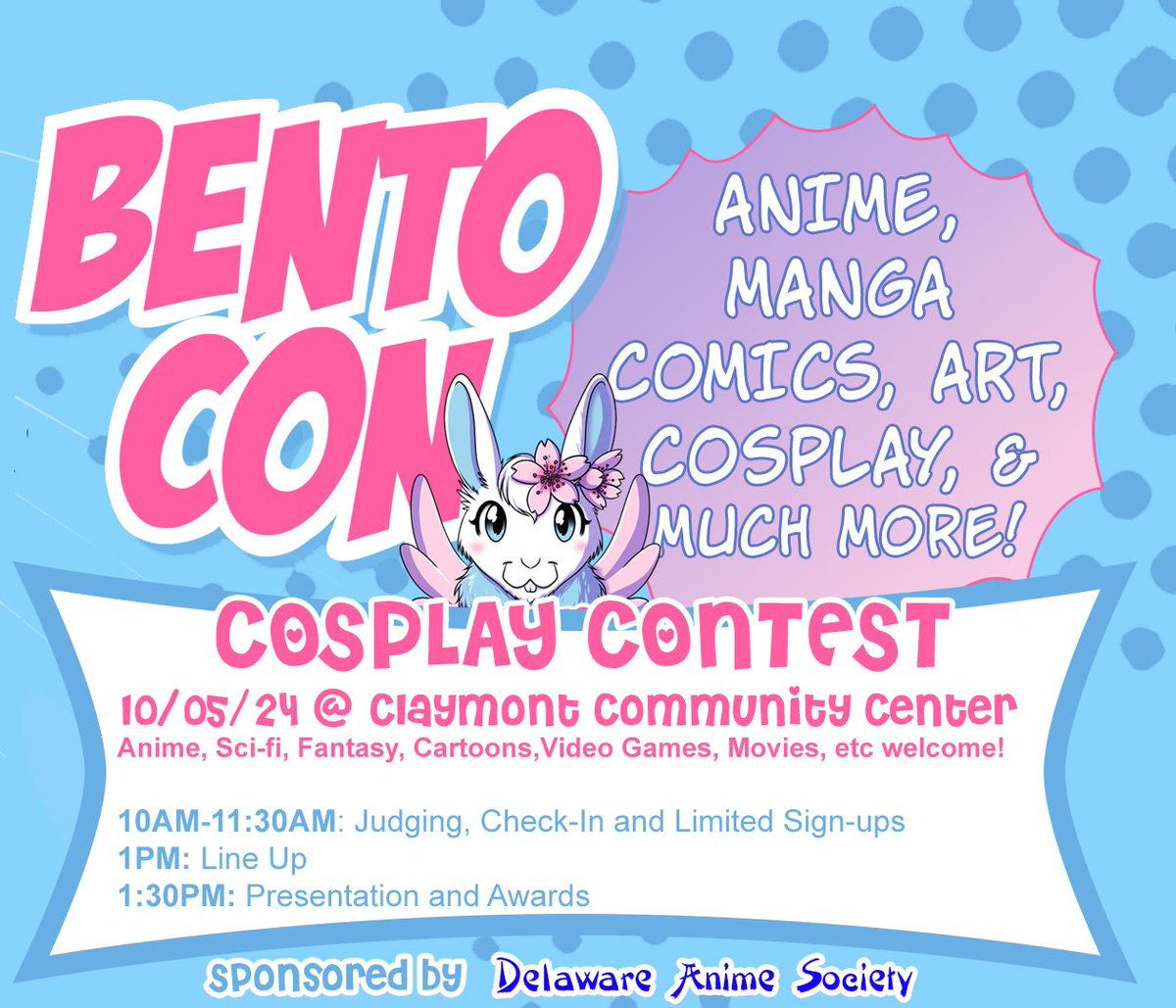 Announcing Bento Con 2024 cosplay contest: 10/5/2024 in Claymont, DE!  25 max sign-ups. Sponsored by the Delaware Anime Society w/prizes provided by @oceancitycomic More info: facebook.com/share/BCUZLNPQ…
#bentocon #claymontde #animeclub #delawareanimesociety #delaware #delawareanime