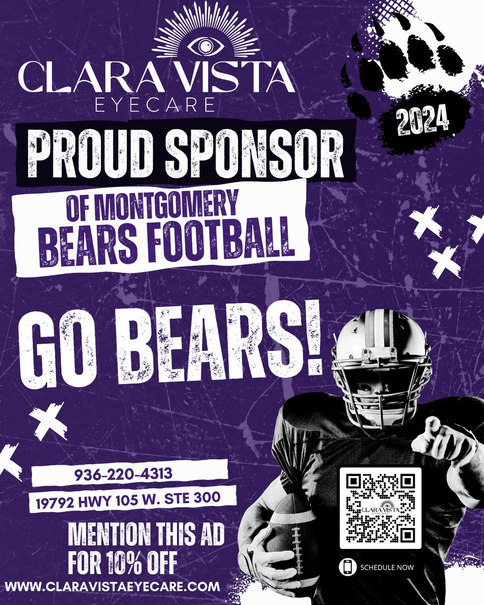 🏈TOUCHDOWN FOR GOOD VISION!🏈
Meet the Bears is this Saturday, 8/17 Dinner and silent auction starts at 5pm with scrimmage games to follow. Clara Vista Eyecare is thrilled to be a proud sponsor of <a href="/MHSBearFB/">MHS Bear Football</a> 🐻