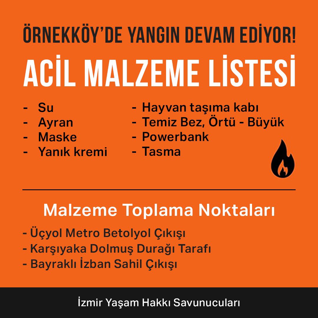 📍İzmir
Dün gece Yamanlar Dağı’nda başlayan yangın  hala kontrol altına alınamadı ve hızla büyüyor. <a href="/izmiryasamhakki/">İzmir Yaşam Hakkı Savunucuları</a> olarak acil malzeme listemizi paylaşıyoruz. 
#İzmir #Yangın