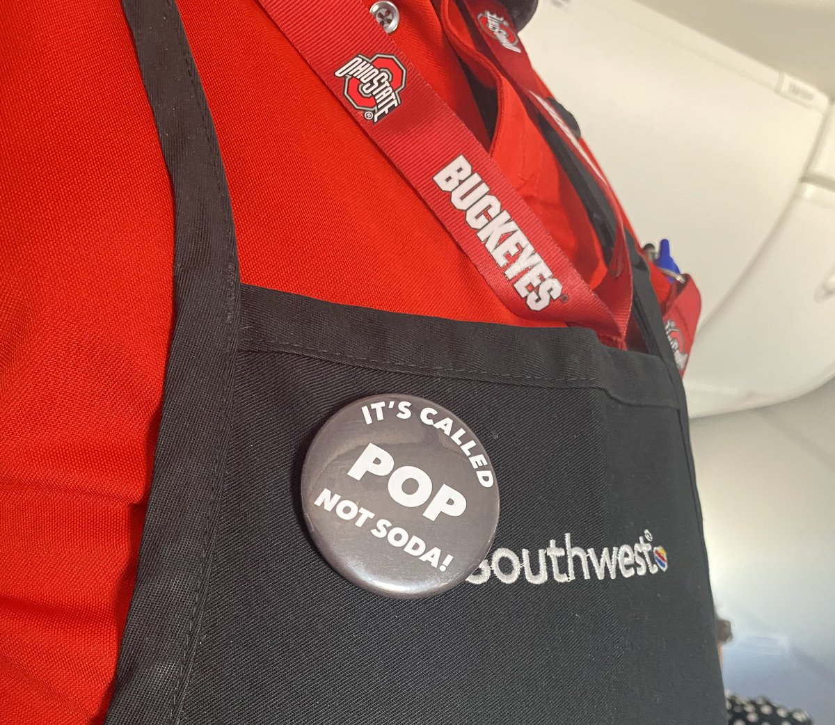 CharlieMarlow_'s tweet photo. Our flight attendant on @SouthwestAir is a real American.
He’s from Ohio, is wearing a Buckeyes lanyard & also this button which is 💯% accurate.
#TeamPop #STLisWrong https://t.co/7xlhhRPbSJ