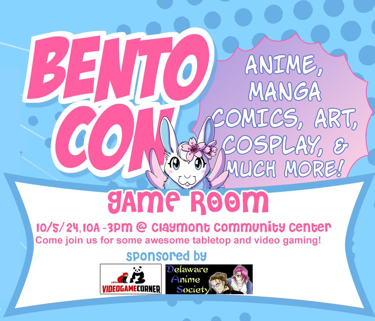 Bento Con 2024 Game Room by <a href="/VidGameCorner/">VGC</a>  and @delawareanimesociety ! Video, tabletop and board games+ tourneys w/prizes! More info: facebook.com/share/1EfEb13z…
#bentocon #claymontde #animeclub #delawareanimesociety #delaware #delawareanime #videogame #videogamecorner