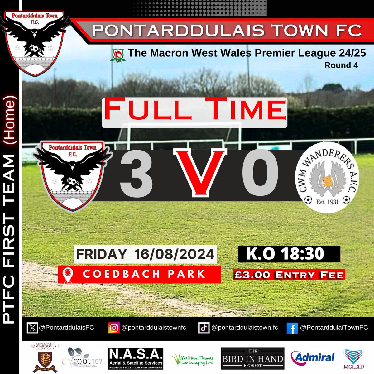 4 wins from 4!! We keep working and move on to Tuesdays game.
Good luck to <a href="/CwmWanderersAFC/">CwmWanderersAFC</a> for the rest of the season. Thanks for coming back to <a href="/PontarddulaisCC/">PontarddulaisCC</a>