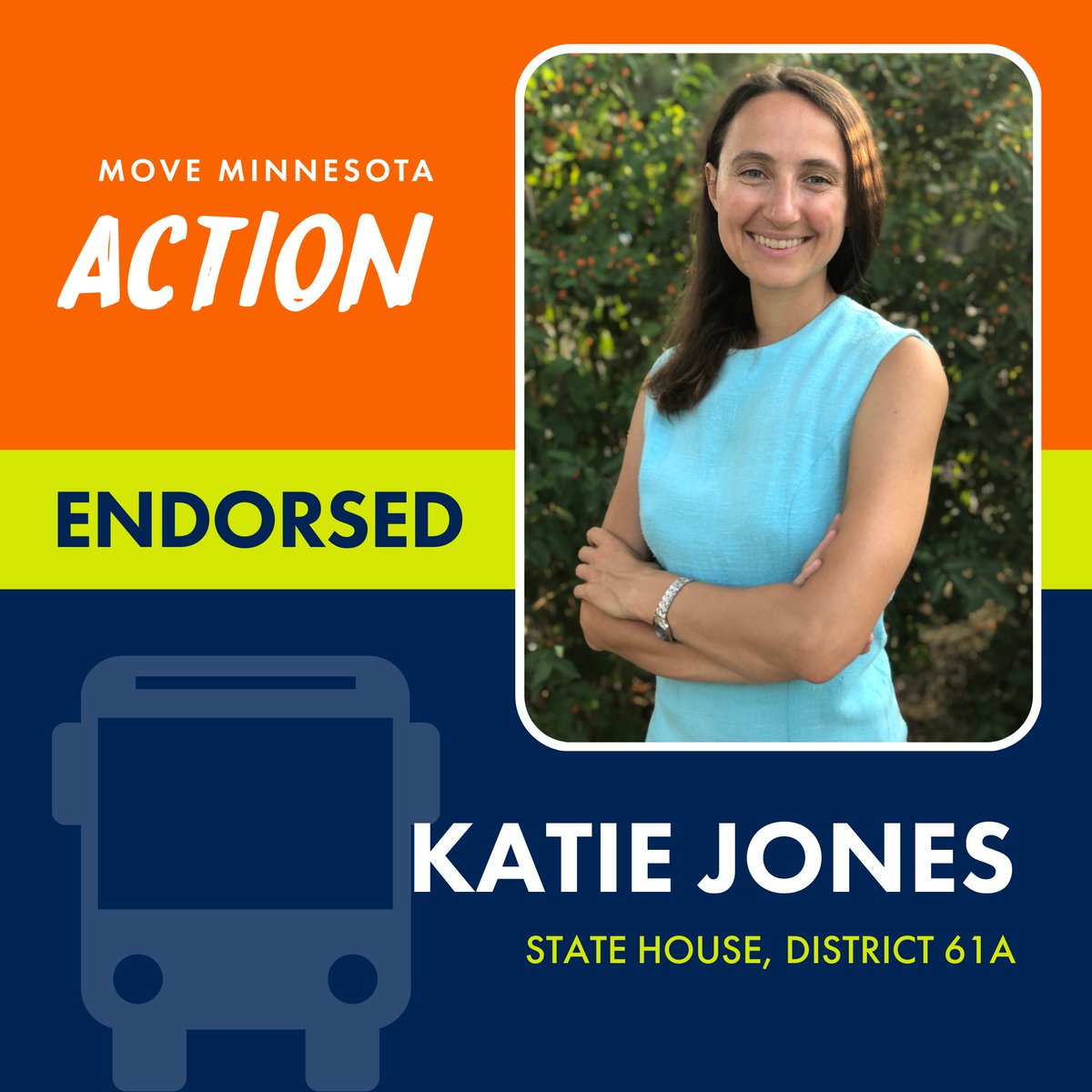 MoveMNAction's tweet photo. Big congrats to @KatieJonesMpls for winning the District 61A primary this week! Excited to see you bring your commitment to the community and your leadership on climate &amp; transit to the MN House. On to November! #votetransit https://t.co/nzNKs0wFko