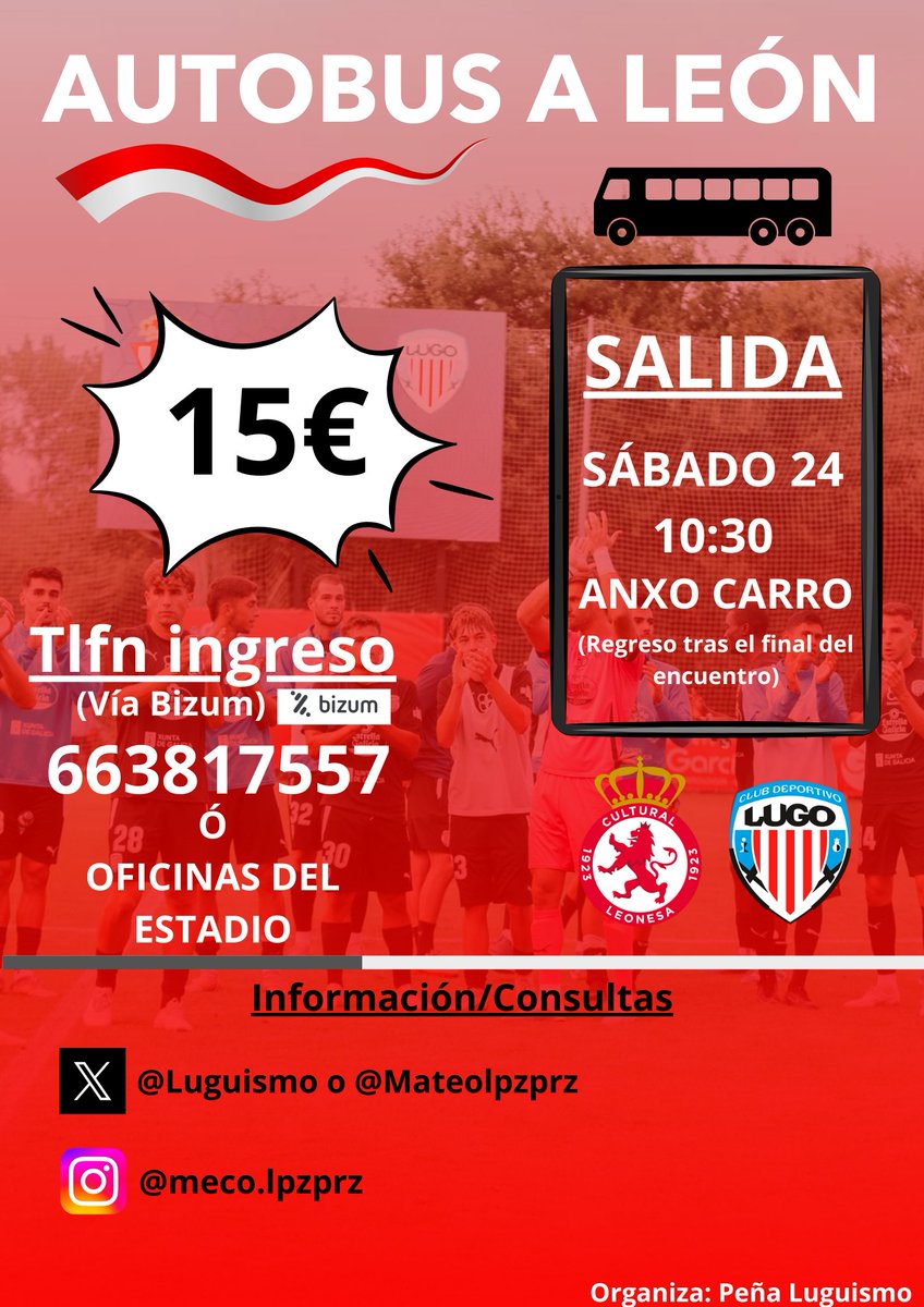 Lo prometido es deuda 🤝

55 plazas disponibles en Bus  🚌

2 formas de pago

Salida 10.30 🕥 Explanada Anxo Carro

15 euros viaje

15 euros entrada

Pedimos la máxima difusión posible. Vamos a intentarlo todos juntos.