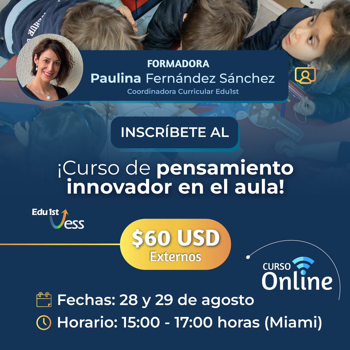 Únete al “Curso de Pensamiento Innovador en el Aula”
✅ Fechas y Horario: 28 y 29 de agosto, 15:00 – 17:00 (Miami)
👉 Precio ahora Red VESS: $45 USD - bit.ly/4cIluL0
👉 Precio ahora Externos: $60 USD - bit.ly/3zH0cid
¡No te quedes por fuera!
