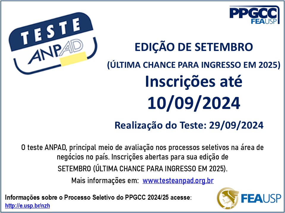 ppgccfea's tweet image. TESTE ANPAD DE SETEMPRO: ÚLTIMA CHANCE PARA PARTICIPAR DO PROCESSO SELETIVO PPGCC PARA INGRESSO EM 2025!
O teste ANPAD, principal meio de avaliação nos processos seletivos na área de negócios no país. Mais informações em: testeanpad.org.br