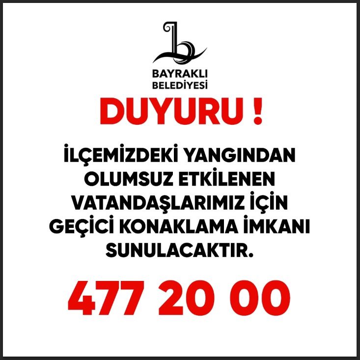 İZMİR BAYRAKLI BELEDİYESİ YANGINDAN ETKİLENEN VATANDAŞLAR İÇİN GEÇİCİ BARINMA İMKANI SUNUYOR‼️
Rt yapın duyurun lütfen yardım edin.

#izmiryanıyor