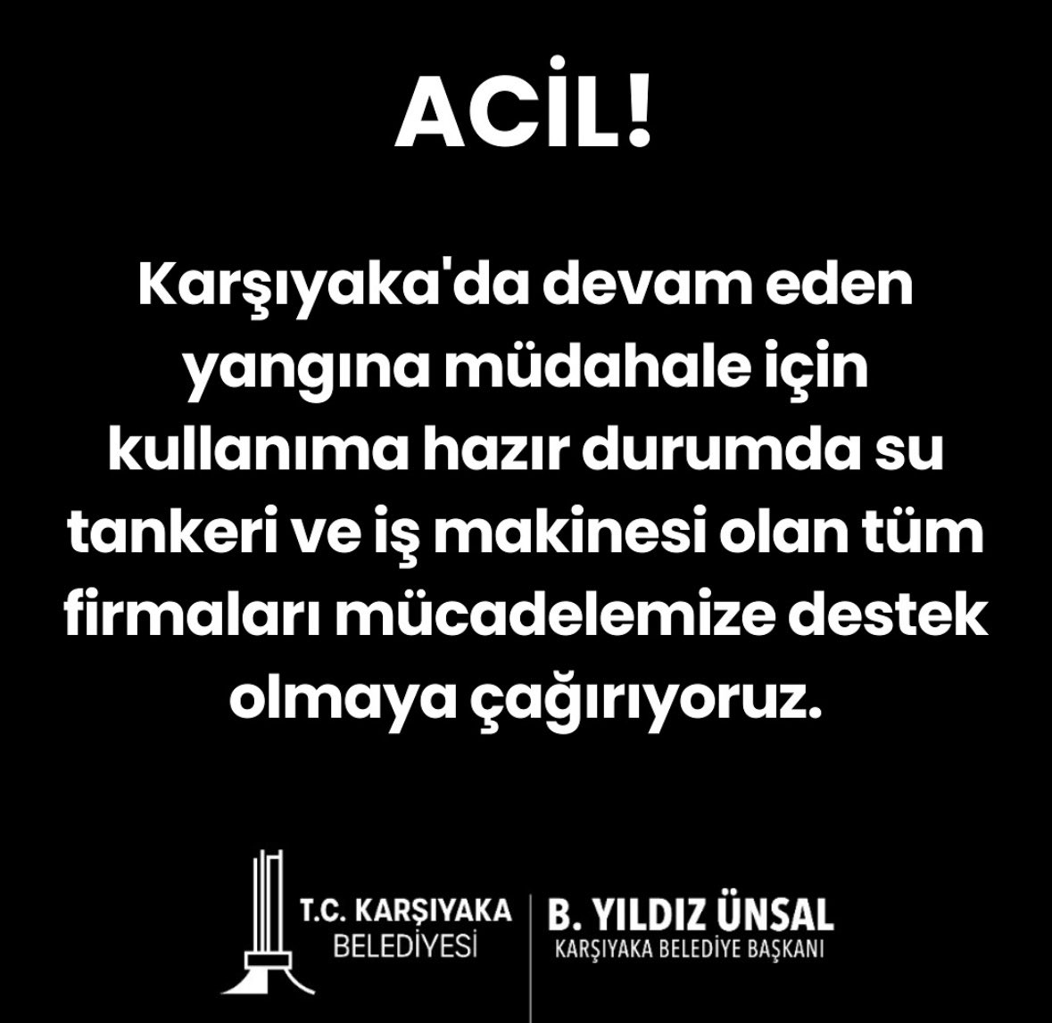 Radyoda İzmir’in sesi oluyoruz… 
İzmir’de açıklanmış yangın koordinasyon merkezleri ve taleplerine denk gelirseniz bana iletir misiniz? 
Su tankerleri ve iş makineleri talep ediyor Karşıyaka Belediyesi… Acil‼️#İzmir #kafaradyo