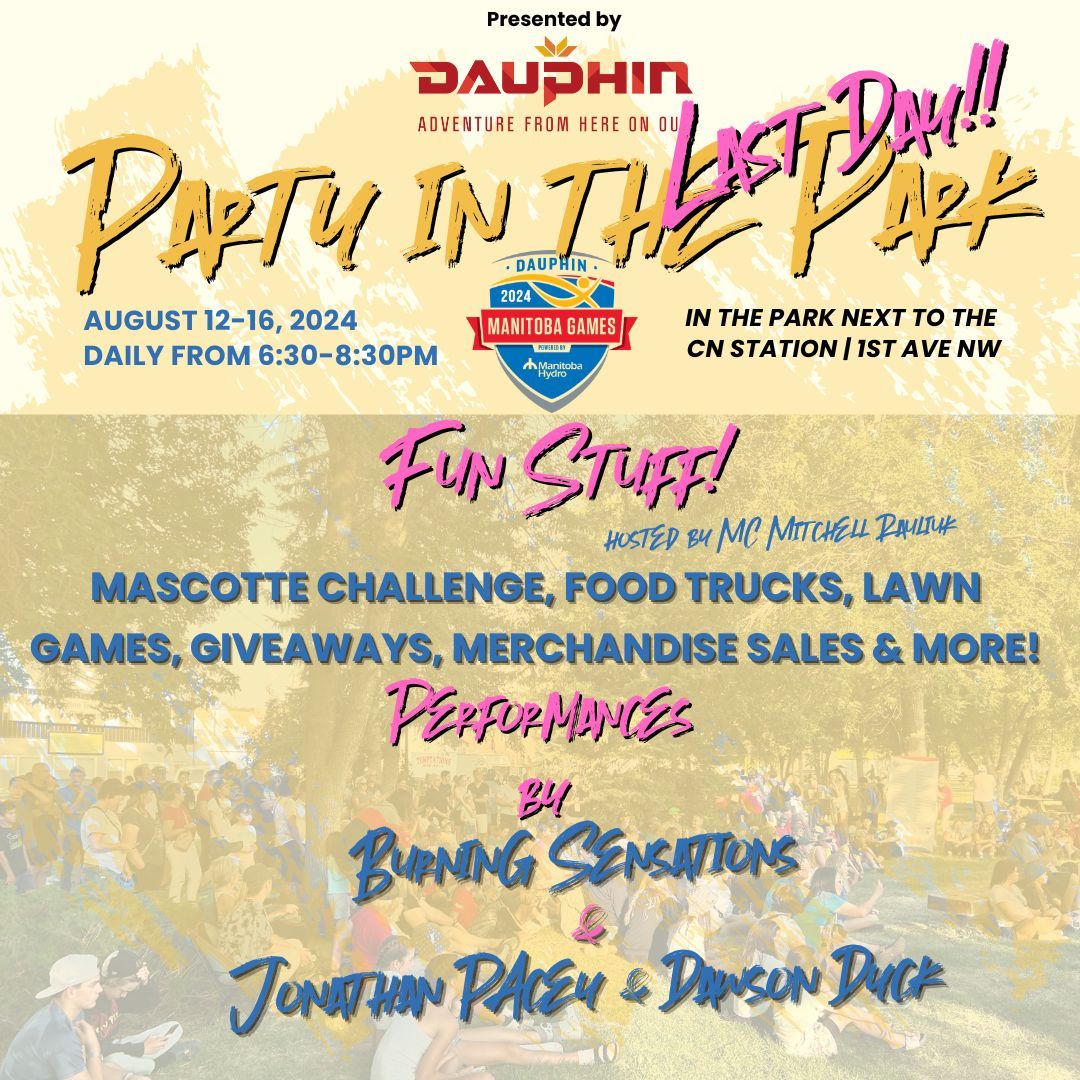 Tonight is the last night for PARTY IN THE PARK. We have lots of games, live music, food trucks, merchandise and 50/50 sales. It will be a blast!! We hope to see you all there!

Thank you Tourism Dauphin for hosting us all week in the Park 🙏 

#mbgames #cometoplay #dauphinmb