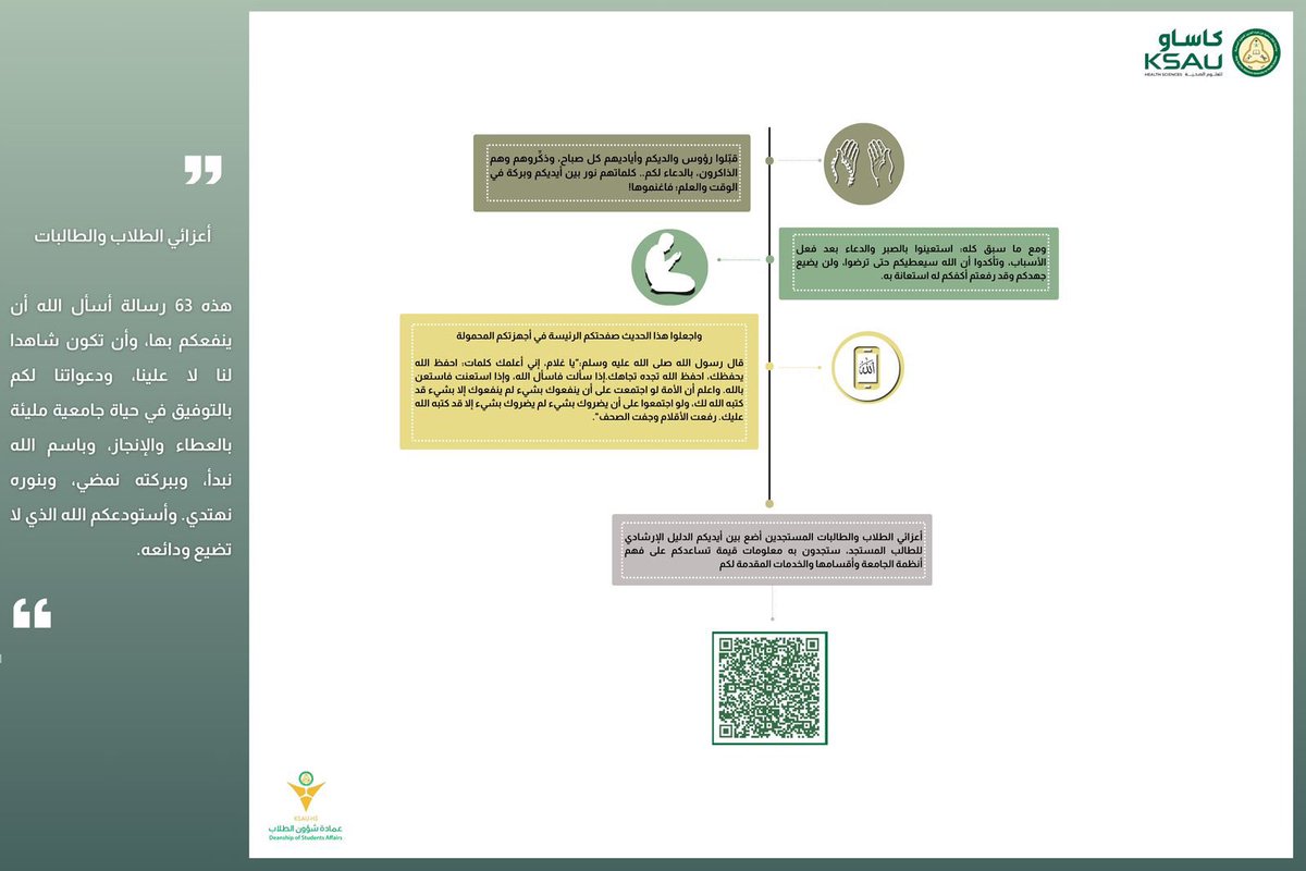 Dr_b_almuqbil's tweet photo. مع بداية العام الأكاديمي:
نجدد التهنئة والتبريكات لطلابنا وطالبتنا الأعزاء، ونتطلع للالتقاء بكم غدا في البرنامج التعريفي لتقديم كل ما يخص مسيرتكم التعليمية حرصا على خدمتكم والإسهام في تحويل أحلامكم المستقبلية التي تسعون لتحقيقها إلى واقع نفخر به جميعا ويسهم في رفعة وطنكم وتحقيق رؤيته ٢٠٣٠ 🇸🇦

وبهذه المناسبة أضع بين أيديهم - وجميع الطلاب والطالبات في مختلف الجامعات السعودية - هذه الرسائل الإرشادية لعل الله يضيء بها دربا أو يشرح بها صدرا.. وأسأل الله أن ينفع بها وأن تكون شاهدا لنا لا علينا، ودعواتي لكم جميعا بالتوفيق وحياة مليئة بالعطاء والإنجاز.