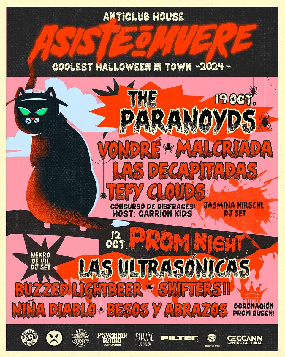 indierocks's tweet photo. El cartel de @asisteomuere: Coolest Halloween in Town! cada vez se pone mejor. ¿Ya viste? 🐈‍⬛🔮  https://t.co/dBOc6g80i2 https://t.co/WKdAkcs8TG