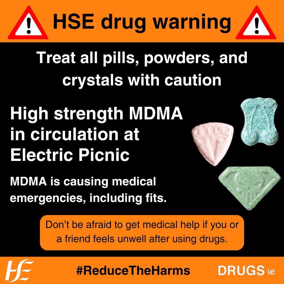 drugsdotie's tweet image. High strength MDMA pills are in circulation at @EPfestival . These are causing medical emergencies, including fits. It’s safer not to use drugs at all but if you do #StartlowGoslow mind yourself and care for others. #ReduceTheHarms
drugs.ie/mdma_harm_redu…