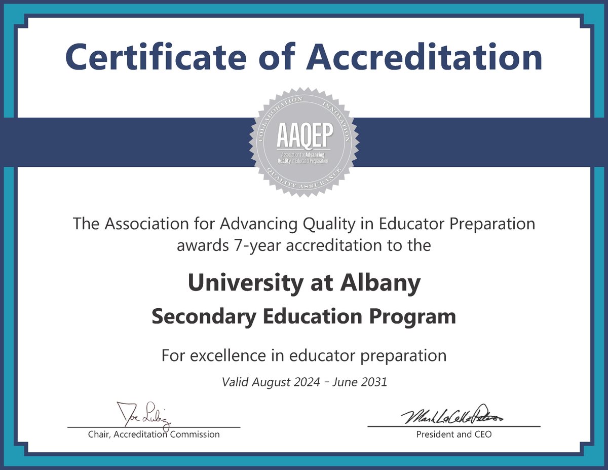 AAQEP1's tweet photo. 🏆 Congratulations to the University at Albany on receiving AAQEP #accreditation for its secondary education #edprep program! 
View the full list of AAQEP-accredited programs at https://t.co/dvpTcZ28To
@ualbanyEDU @ualbany https://t.co/xxqVLkVKLm
