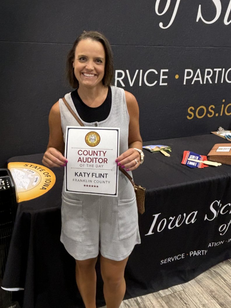 IowaSOS's tweet image. Shoutout to Franklin County Auditor Katy Flint for visiting our booth at the #IowaStateFair! We're grateful for the partnership of all 99 counties as we work together to keep Iowa’s elections strong, safe, and secure!