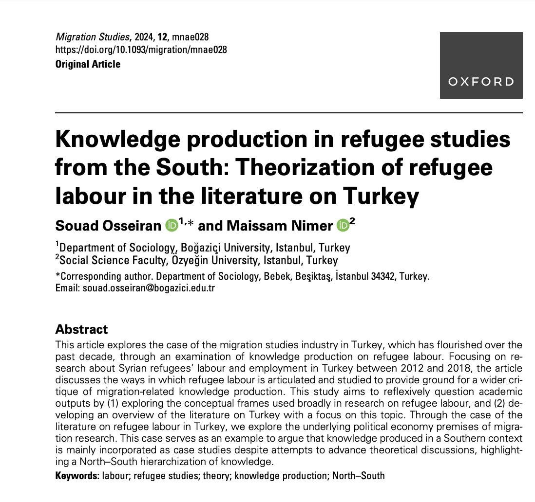 MSNIMER's tweet image. 🚨 Exciting News 🚨 Our joint work with Souad Osseiran, titled &quot;Knowledge Production in Refugee Studies from the South: Theorization of Refugee Labour in the Literature on Turkey,&quot; was published in @MigrationJrnl and available in #open_access, here: bit.ly/46Sdl4I