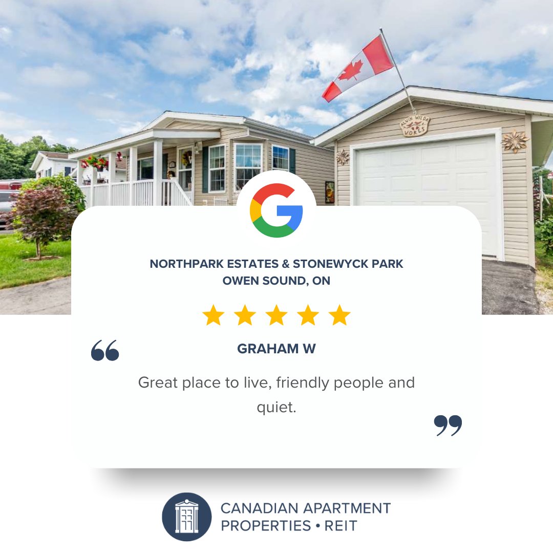 CAPLandLease's tweet photo. Thanks for the review Graham! And for helping to make our communities like Northpark Estates &amp; Stonewyck Park in Owen Sound ON the #bestplacetolive. https://t.co/fWGYgTvE6c

#manufacturedhomecommunity #CanadianREITs #REITsforaffordablehousing #googlereview #ontario https://t.co/t16sPDUmdv