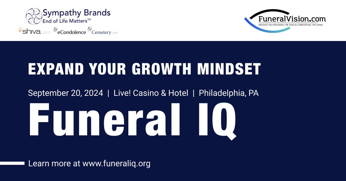 Funeralvision1's tweet image. JUST ONE MONTH LEFT to grab one of the 20 seats left at Funeral IQ, which will be Sept. 20, at the Live! Casino &amp;amp; Hotel in Philadelphia, PA. Sign up at sympathybrands.com/funeraliq -- and Enter Promo Code &quot;FIQ24VIP100&quot; at online checkout to SAVE $100.   #funeraldirector #funeralvision
