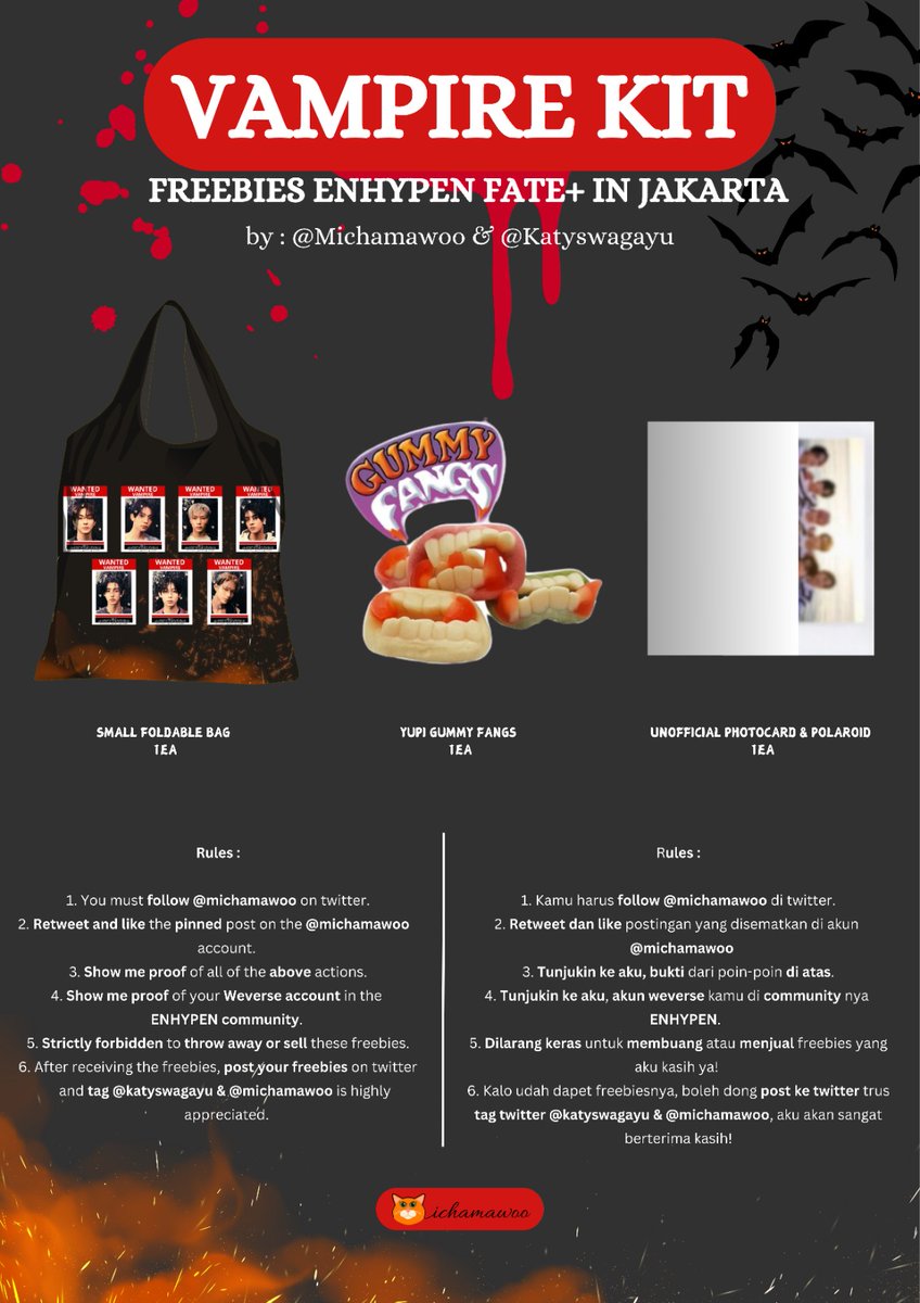 katyswagayu's tweet photo. 🧛‍♂️ FREEBIES "VAMPIRE KIT" ENHYPEN FATE+ IN JAKARTA BY KATYSWAGAYU X @michamawoo 🧛‍♂️

🗓 Day 1 (17 August 2024)
 Place &amp; Time tba

Rules check pict!
🔄 Open for trade 🔄
⚠️VERY LIMITED STOCK⚠️
 #FATEPLUS_IN_JAKARTA https://t.co/u8MyFV0f9j