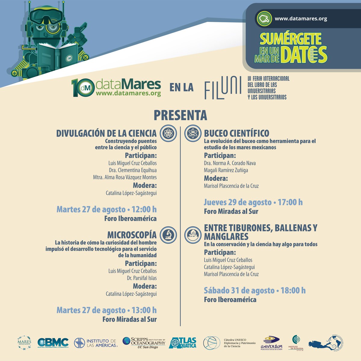 dataMares (@datamares) on Twitter photo 📚 No olviden que estaremos en #FILUNI del 27 de agosto al 1 de septiembre organizada por <a href="/librosunam/">Libros UNAM</a>. Acompáñanos y ¡Sumérgete en un mar de datos!
#libros #librosunam #filuni #cdmx #ciencia #dataMares #dataMaresestade10 #UNAM #somoslectores 📚 No olviden que estaremos en #FILUNI del 27 de agosto al 1 de septiembre organizada por <a href="/librosunam/">Libros UNAM</a>. Acompáñanos y ¡Sumérgete en un mar de datos!
#libros #librosunam #filuni #cdmx #ciencia #dataMares #dataMaresestade10 #UNAM #somoslectores