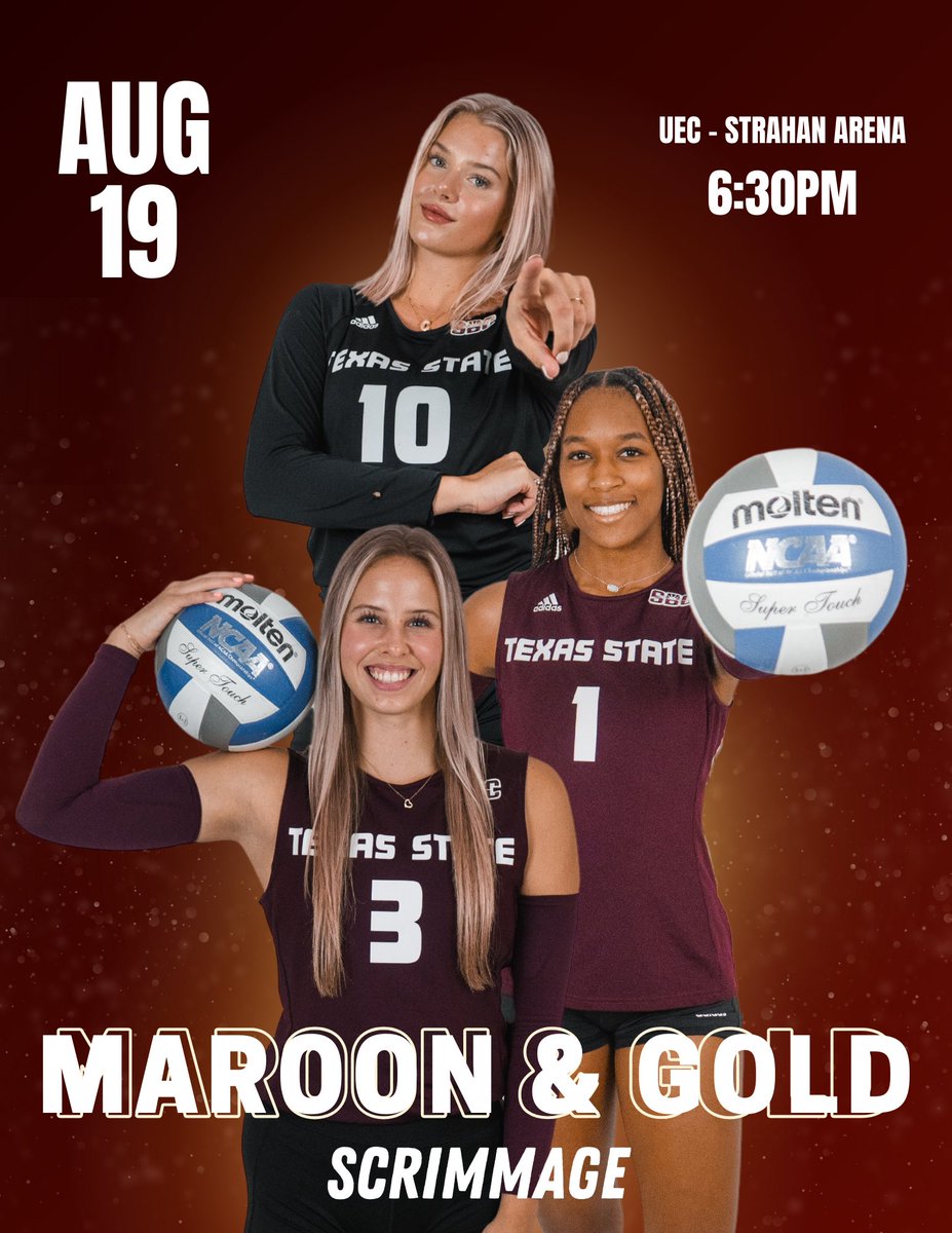 Texas State Volleyball (@texasstatevball) on Twitter photo Mark your calendars for Monday August 19th at 6:30pm to come watch our Maroon & Gold scrimmage! Admission is free so don’t miss your chance to watch us play at home! Mark your calendars for Monday August 19th at 6:30pm to come watch our Maroon & Gold scrimmage! Admission is free so don’t miss your chance to watch us play at home!