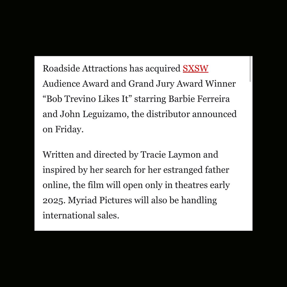 JohnLeguizamo's tweet photo. Excited for y’all to finally see this amazing indie flick! Loved working on BOB TREVINO LIKES IT, it will make you laugh and make you cry. https://t.co/hwyol63SrS