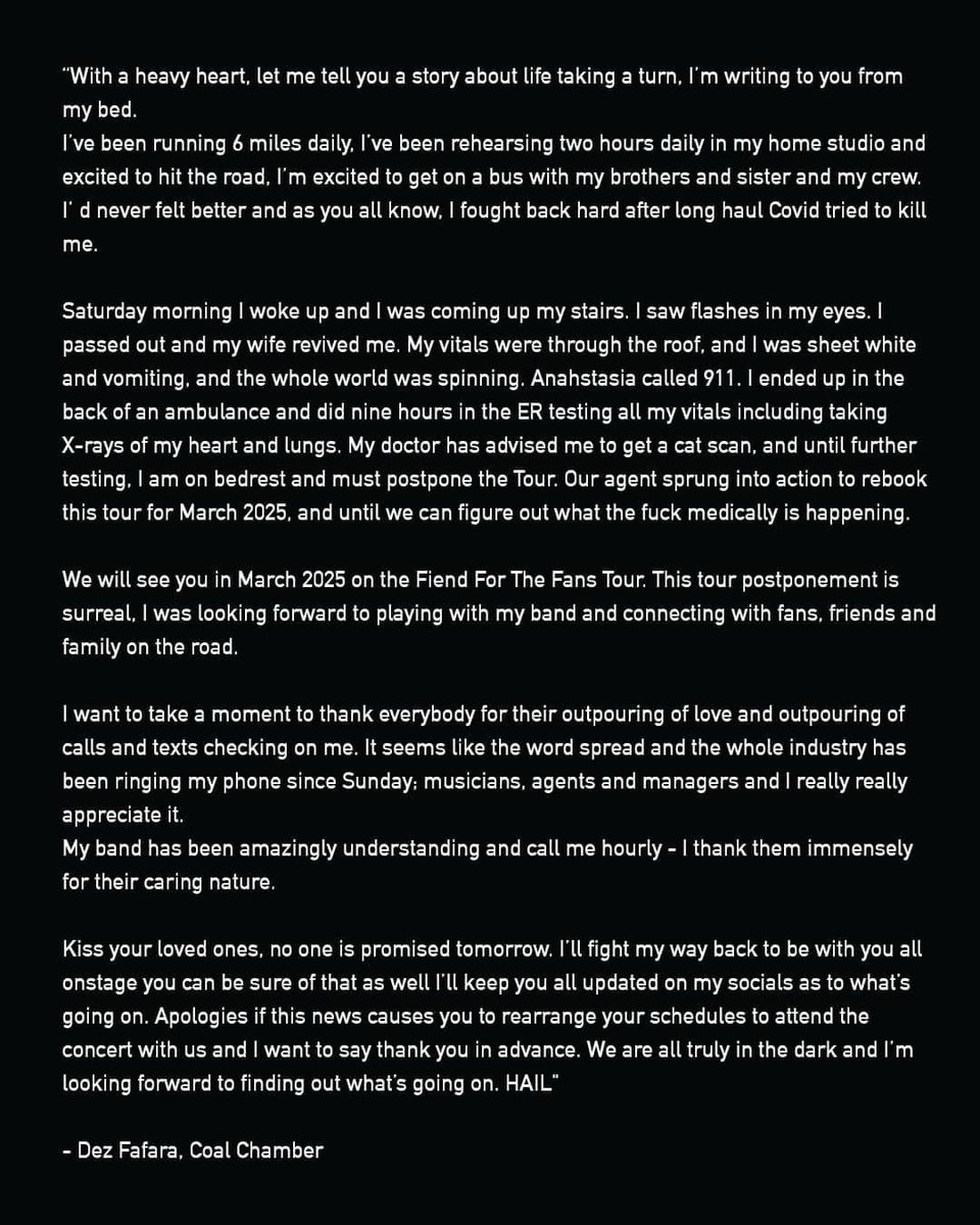 Get well my friend. Ur health is of the upmost importance for us. Love u w all my heart <a href="/dezfafara/">Dez Fafara</a>…see u guys next yr!