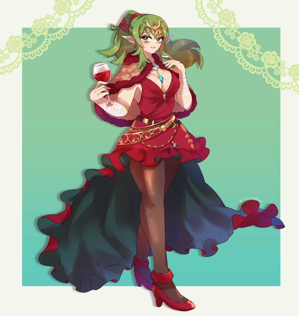 reidiantdawn's tweet image. [Fire Emblem] 
Comm for @Stargrower62 of Tiki in GBF Katalina's Lady Serenity outfit 🍷